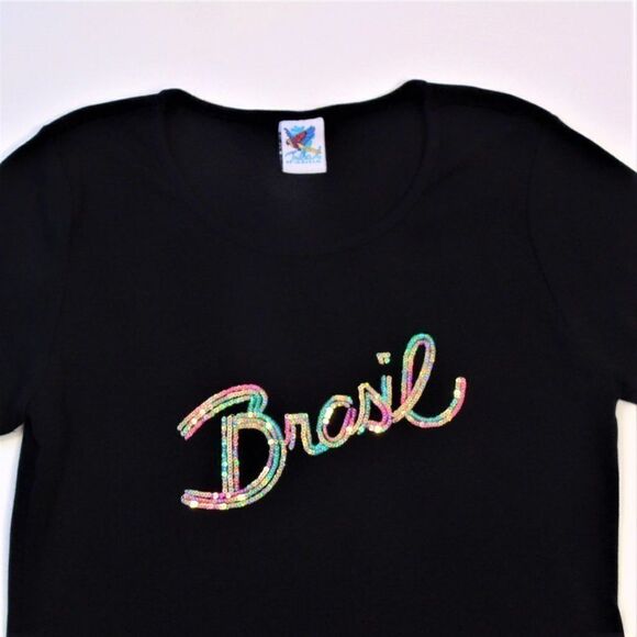 Brazil Spell Out Sequined Girls Tee Shirt - Picture 1 of 5